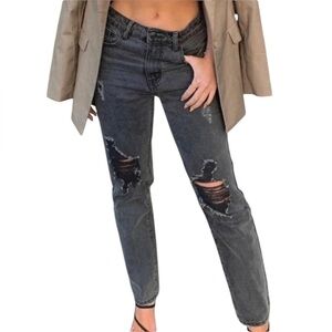 Princess Polly Zaneta Washed Black Distressed Straight Leg Denim Jeans NWT